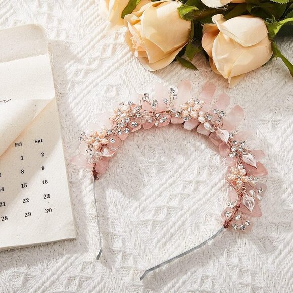 Crystal Quartz Crown Headband Women Pink Tiara Wedding Party Fairy Hair Accessor main image 6